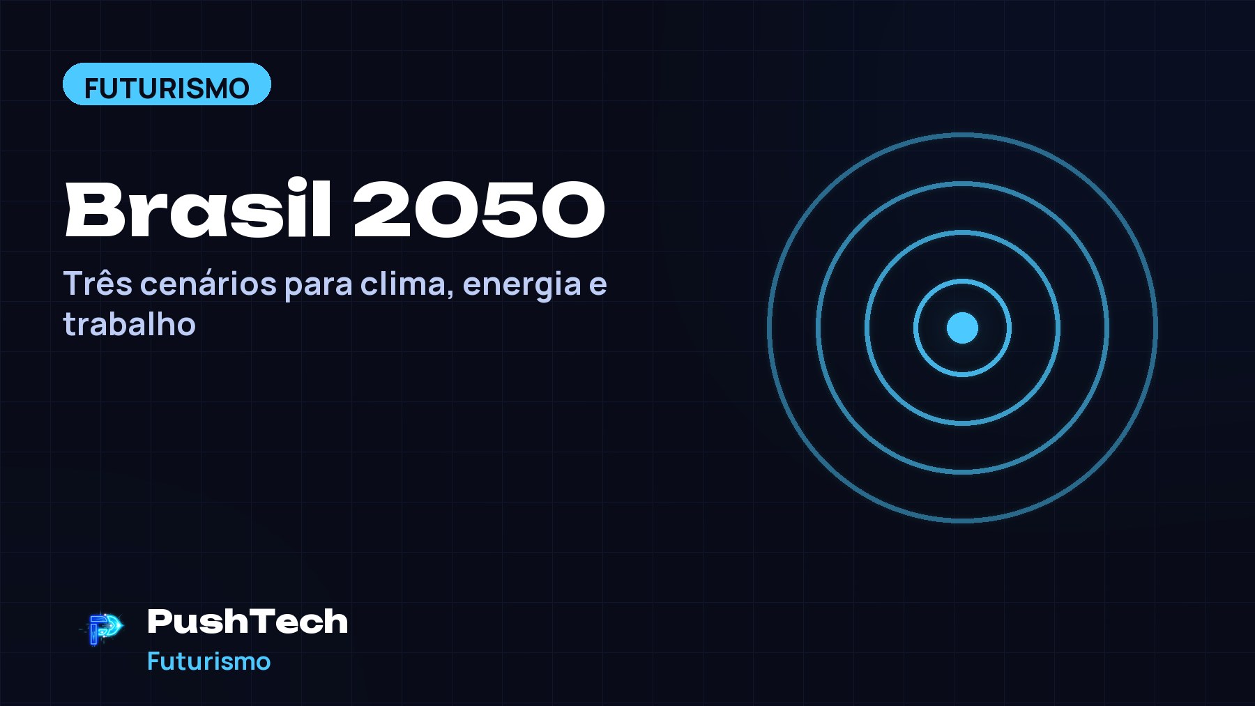 Capa com o título "Brasil 2050" e um desenho geométrico luminoso em tons de azul sobre fundo escuro com grade