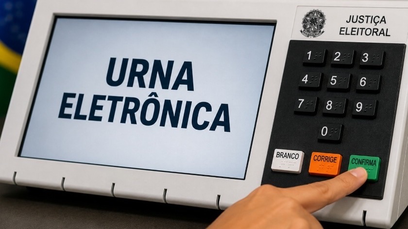Urna eletrônica com a tela mostrando o texto Urna Eletrônica e a mão de uma pessoa tocando a tecla Confirma