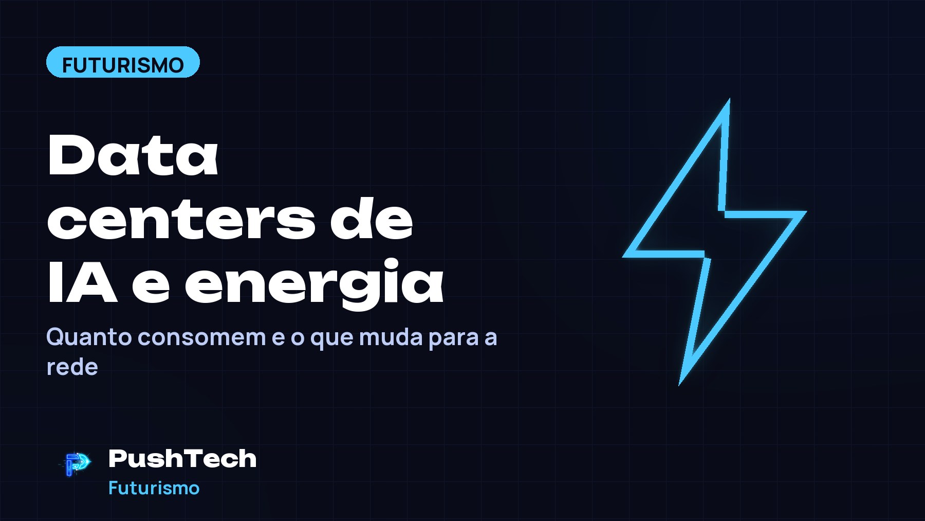 Capa com o título "Data centers de IA e energia" e um desenho geométrico luminoso em tons de azul sobre fundo escuro com grade