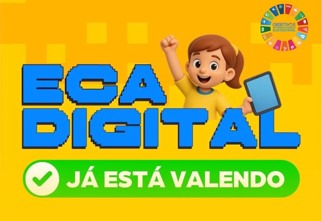 Arte com os dizeres ECA Digital já está valendo e a ilustração de uma menina com um tablet