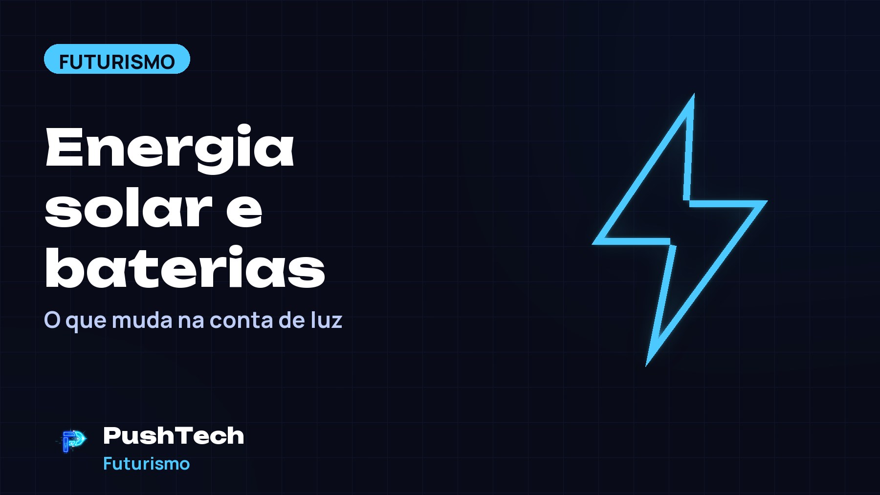 Capa com o título "Energia solar e baterias" e um desenho geométrico luminoso em tons de azul sobre fundo escuro com grade