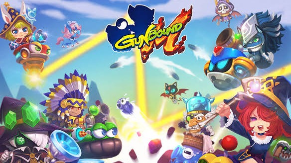 Arte de divulgação do GunBound M com personagens em tanques coloridos disparando uns contra os outros, sob o logotipo do jogo