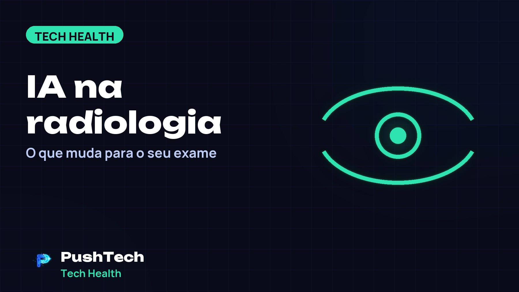 Capa com o título "IA na radiologia" e um desenho geométrico luminoso em tons de verde sobre fundo escuro com grade