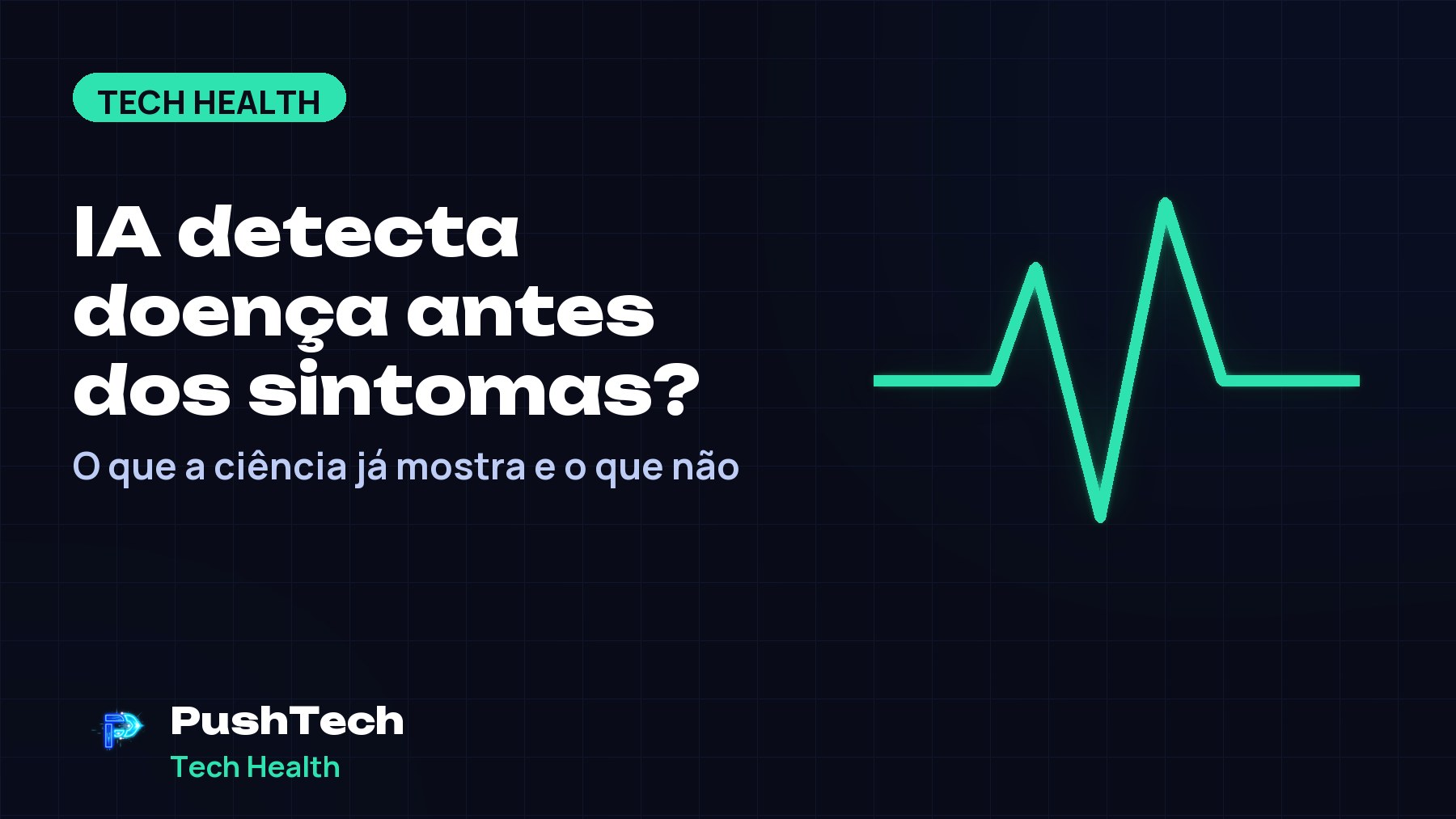 Capa com o título "IA detecta doença antes dos sintomas?" e um desenho geométrico luminoso em tons de verde sobre fundo escuro com grade