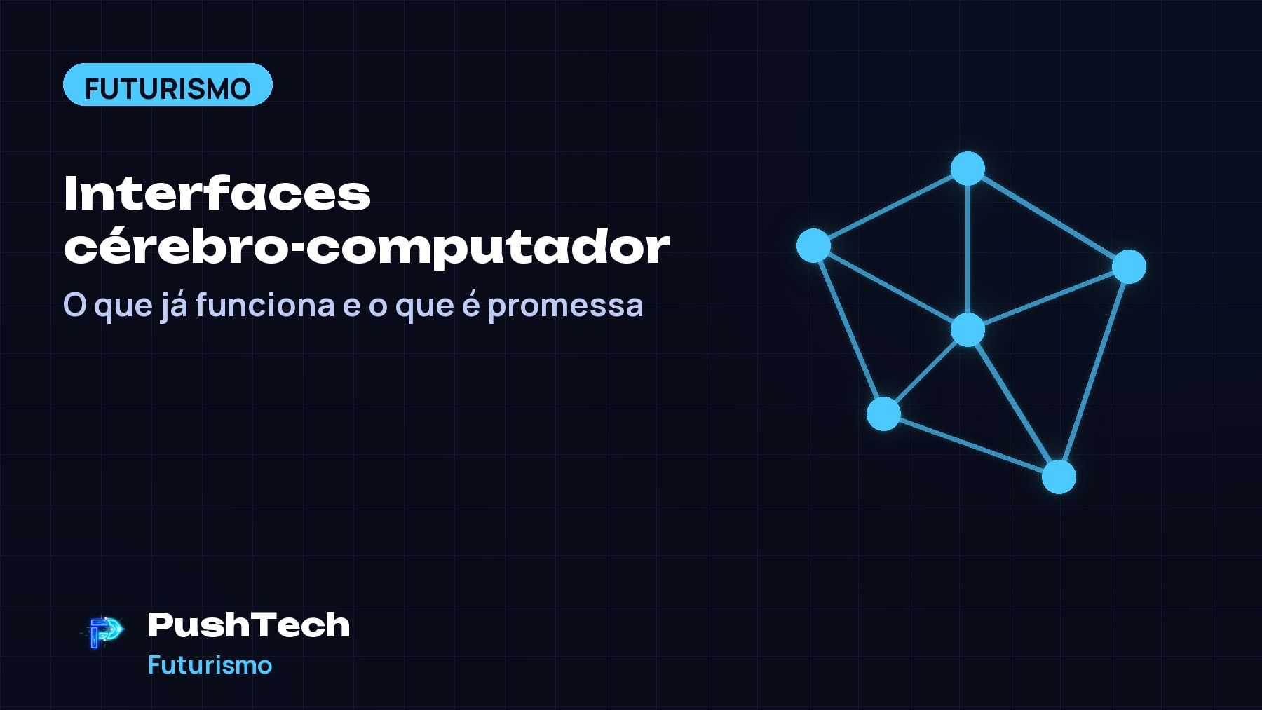 Capa com o título "Interfaces cérebro-computador" e um desenho geométrico luminoso em tons de azul sobre fundo escuro com grade