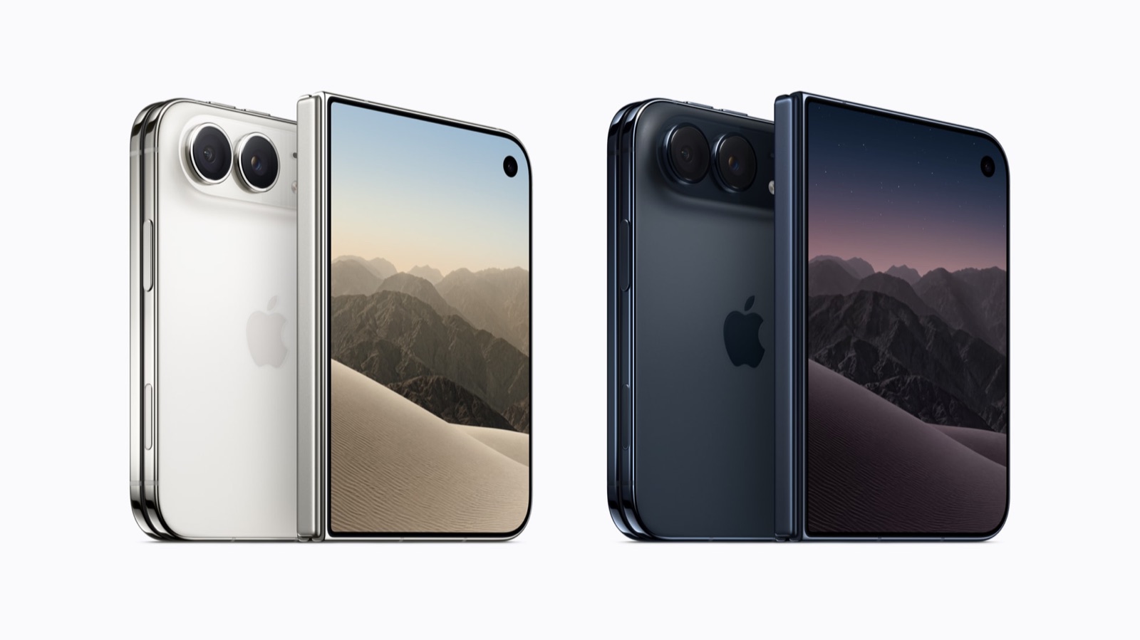 iPhone Duo dobrável nas cores branco-estrela e céu noturno, mostrando a traseira com duas câmeras e a tela externa