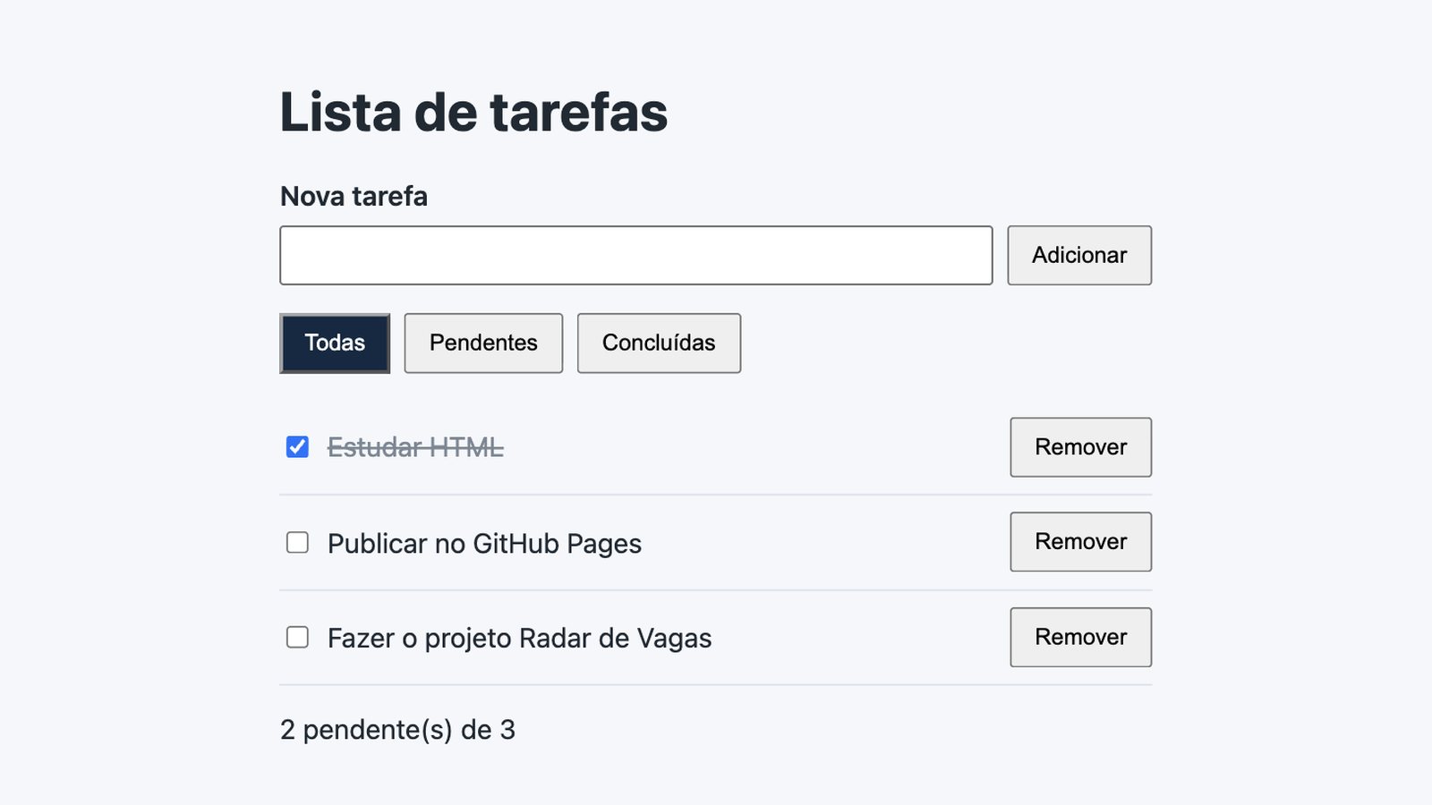 Captura de uma página web com o título Lista de tarefas, um campo para nova tarefa, botões de filtro e três tarefas, uma delas marcada como concluída e riscada
