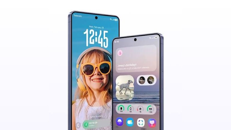 Dois smartphones exibindo a interface One UI: tela de bloqueio com relógio e tela inicial com widgets