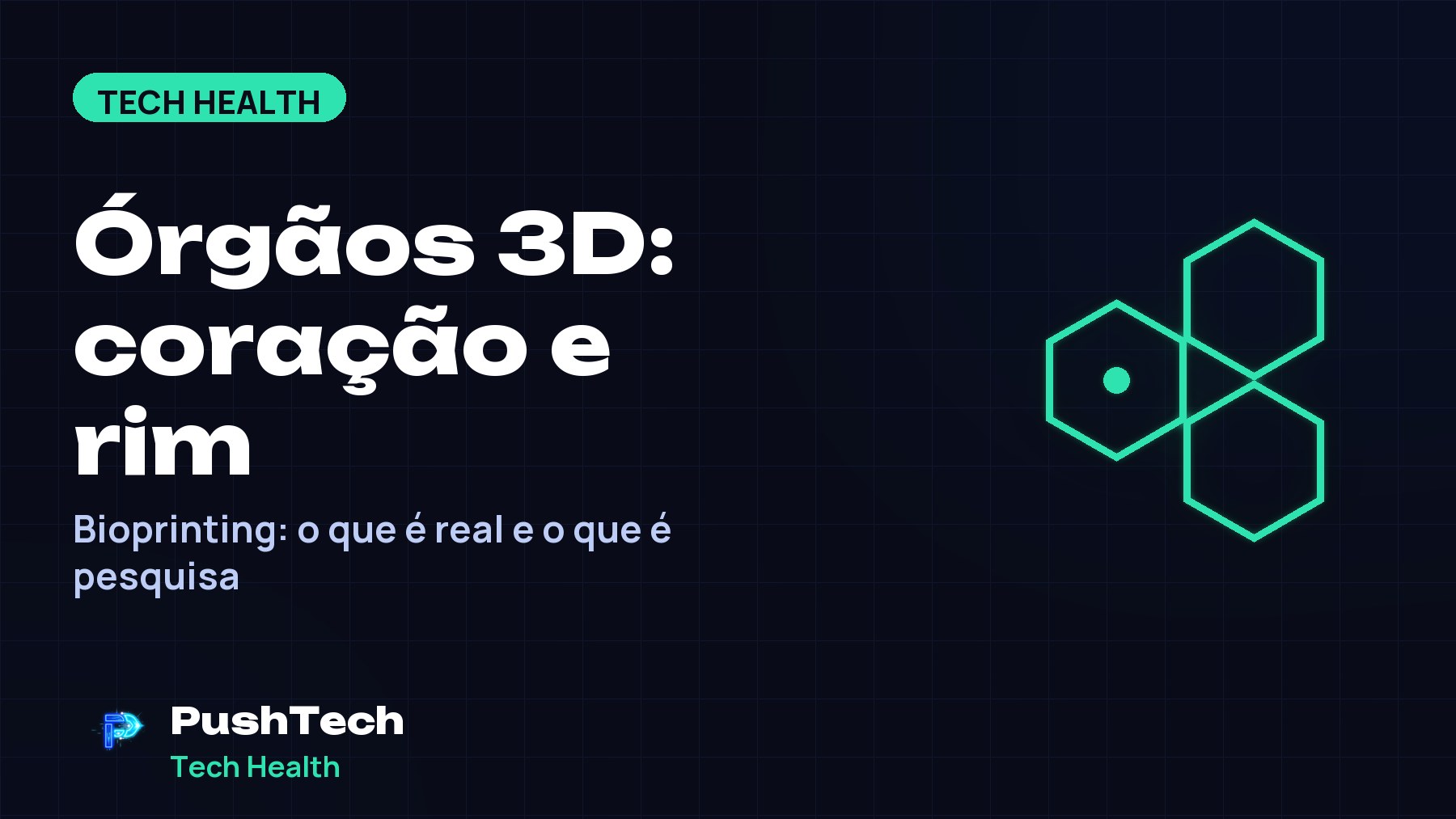 Capa com o título "Órgãos 3D: coração e rim" e um desenho geométrico luminoso em tons de verde sobre fundo escuro com grade