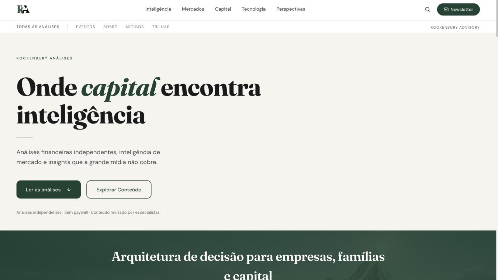 Página inicial do site Rockenbury Análises, com o título Onde capital encontra inteligência e o menu com as editorias