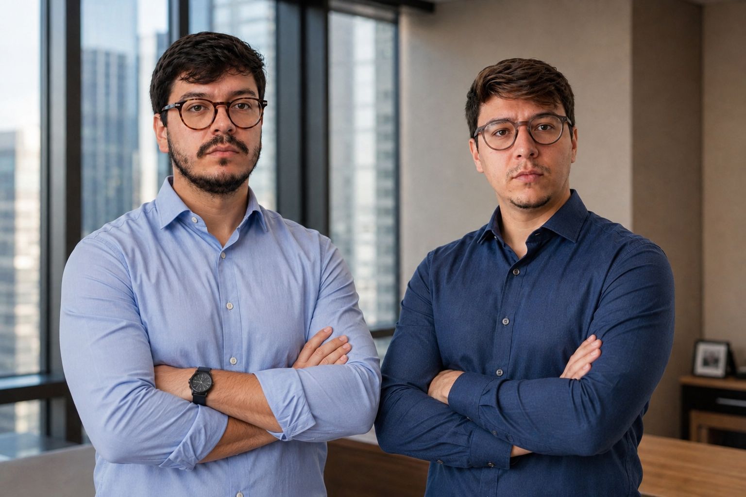 Os dois sócios fundadores da Rockenbury, de braços cruzados, em um escritório com janelas para prédios