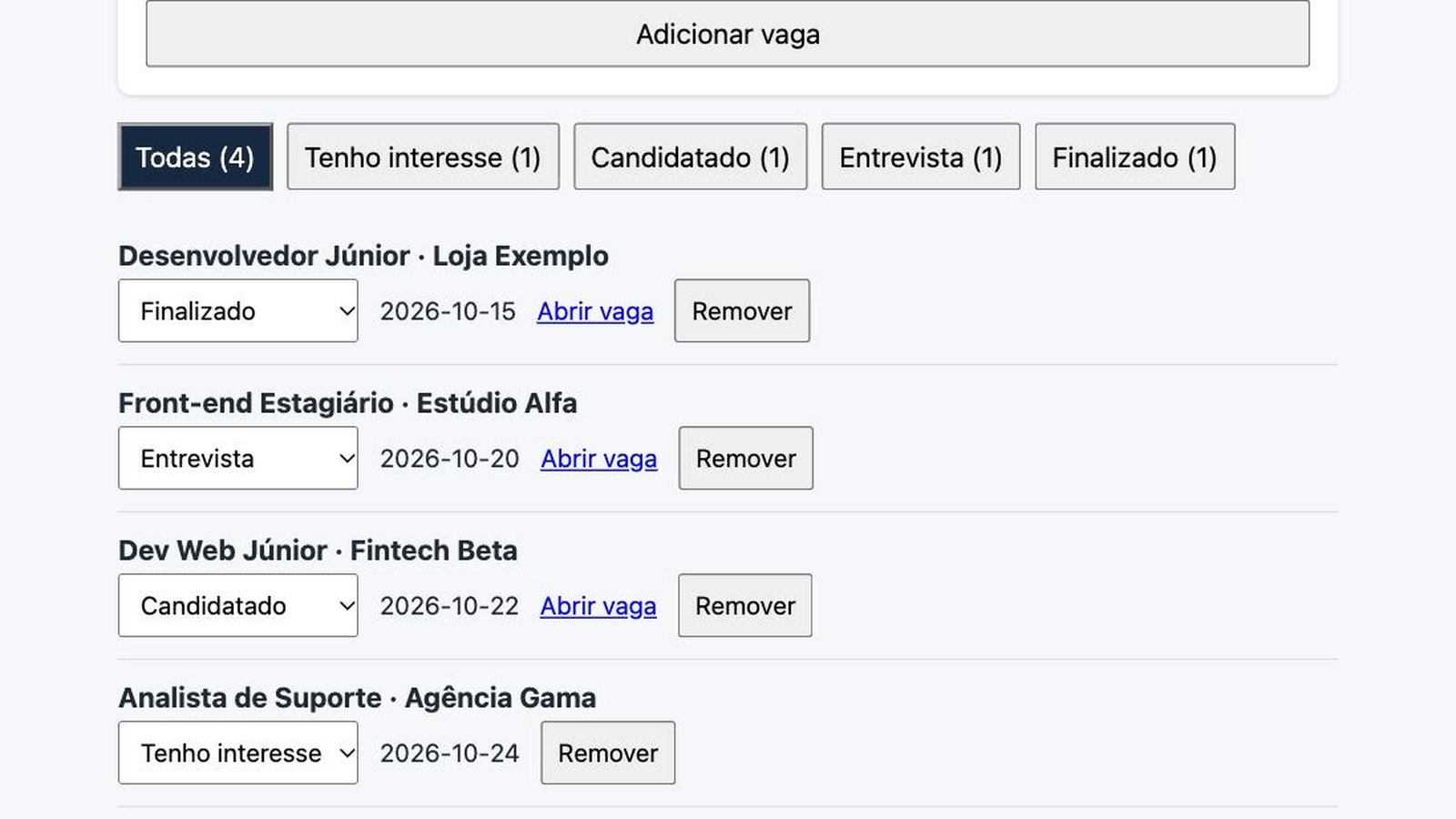 Captura do app Meu Radar de Vagas: botão Adicionar vaga, filtros por status com contagem e quatro vagas fictícias, cada uma com seletor de status, data, link e botão Remover